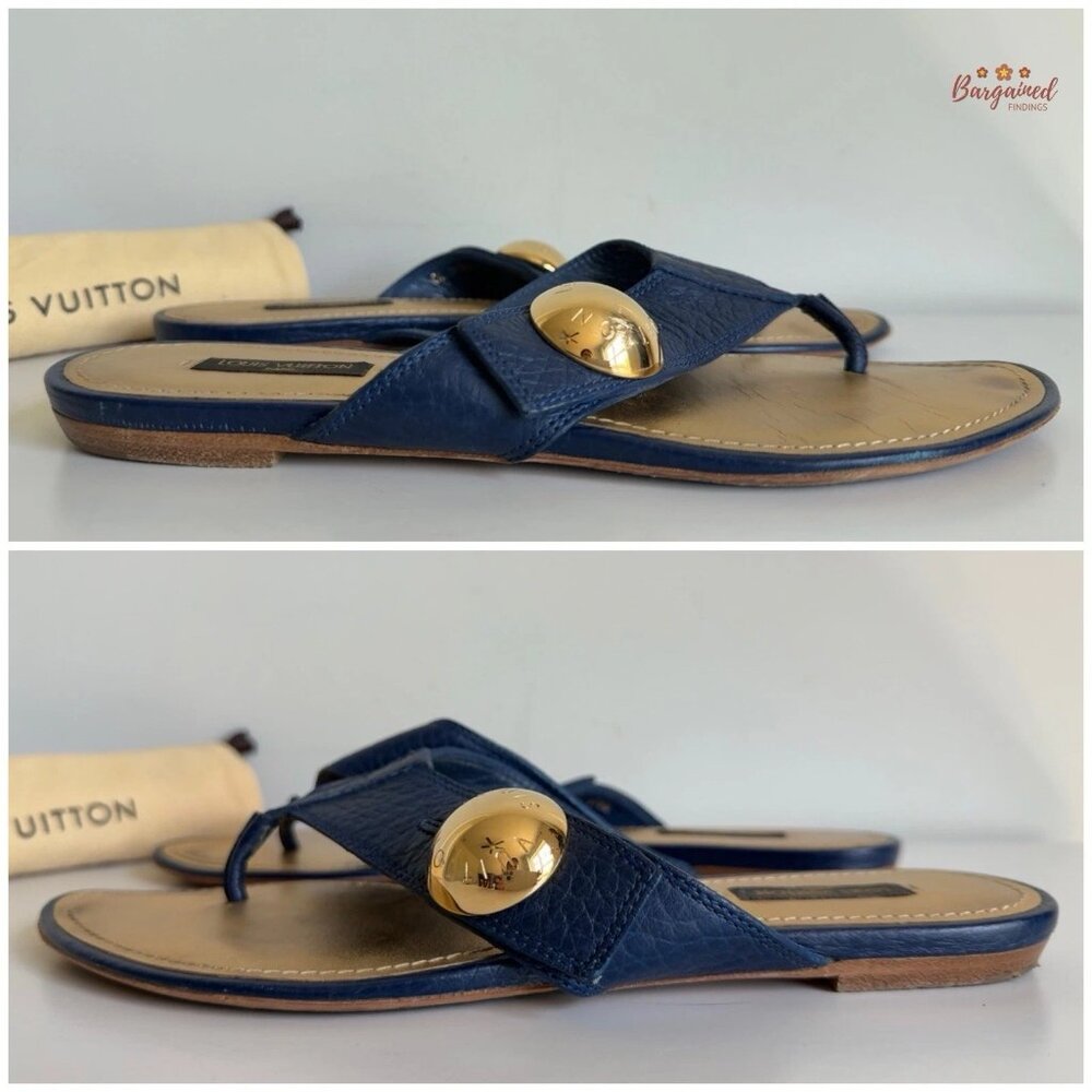 Authentic Louis Vuitton Navy Leather Chaussures Slides Thong Sandals 38.5/8.5 - Picture 10 of 13